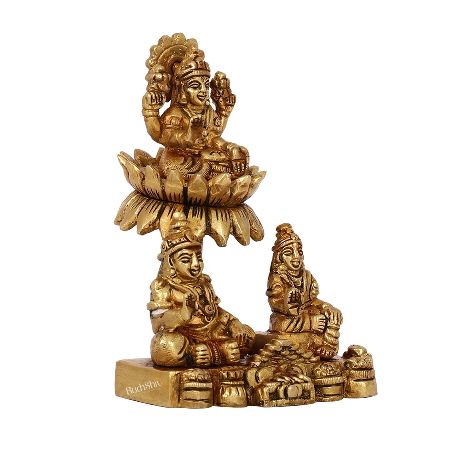Brass Handcrafted Lord Kuber with Goddess Lakshmi and Chitralekha | Wealth and Prosperity Idol | 5" Height - Budhshiv.com