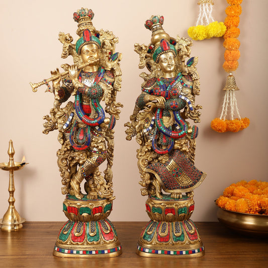 Brass Handcrafted Radha Krishna Idols with stonework 30 inch - Budhshiv.com