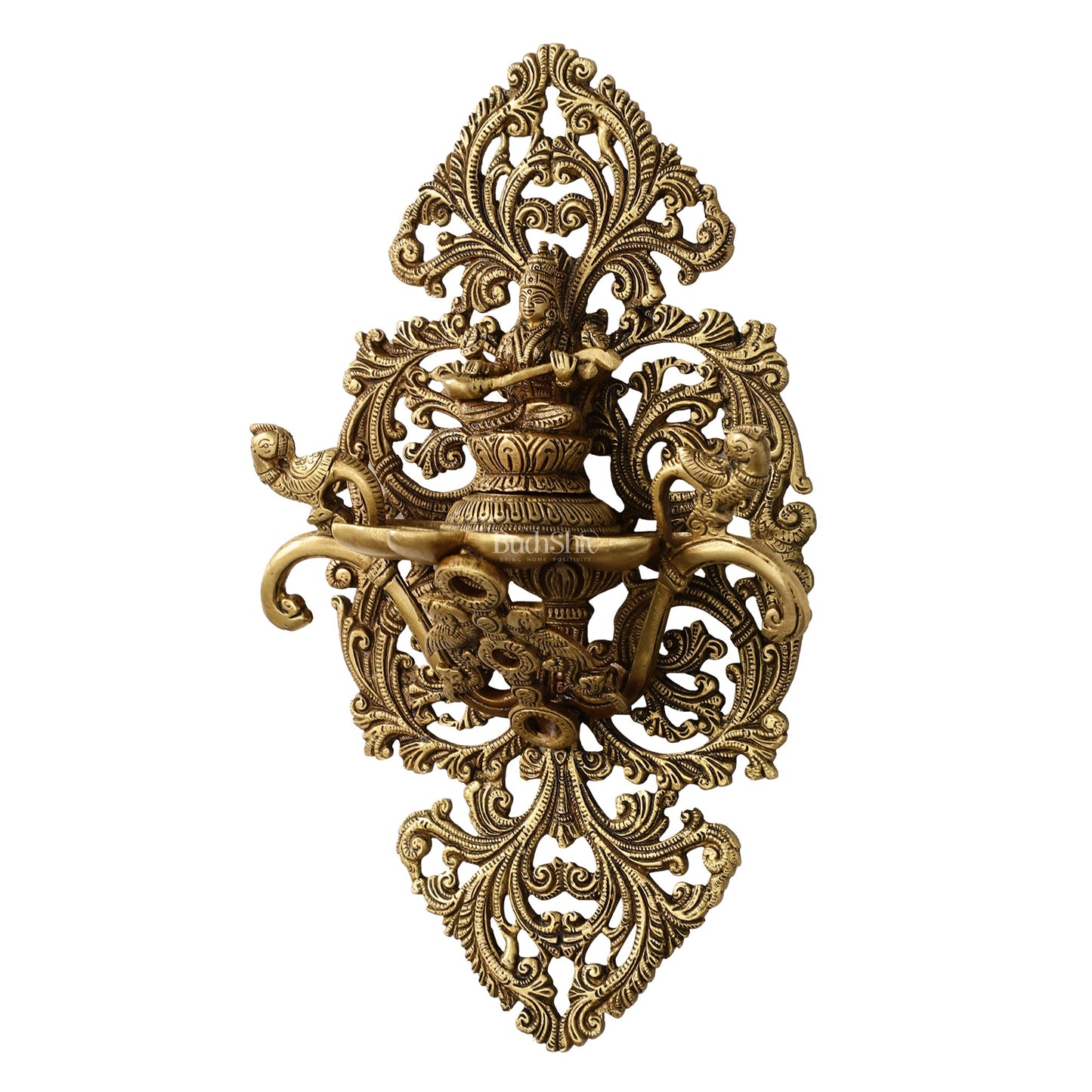 Brass Handcrafted Saraswati Wall Hanging Diya - 13 inch x 8 inch - Budhshiv.com