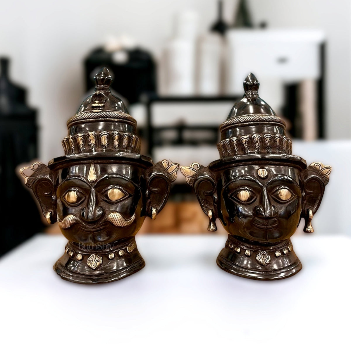 Brass Handcrafted Traditional and Antique Shiva and Gauri Mukhalingam | 9.5" Height - Budhshiv.com