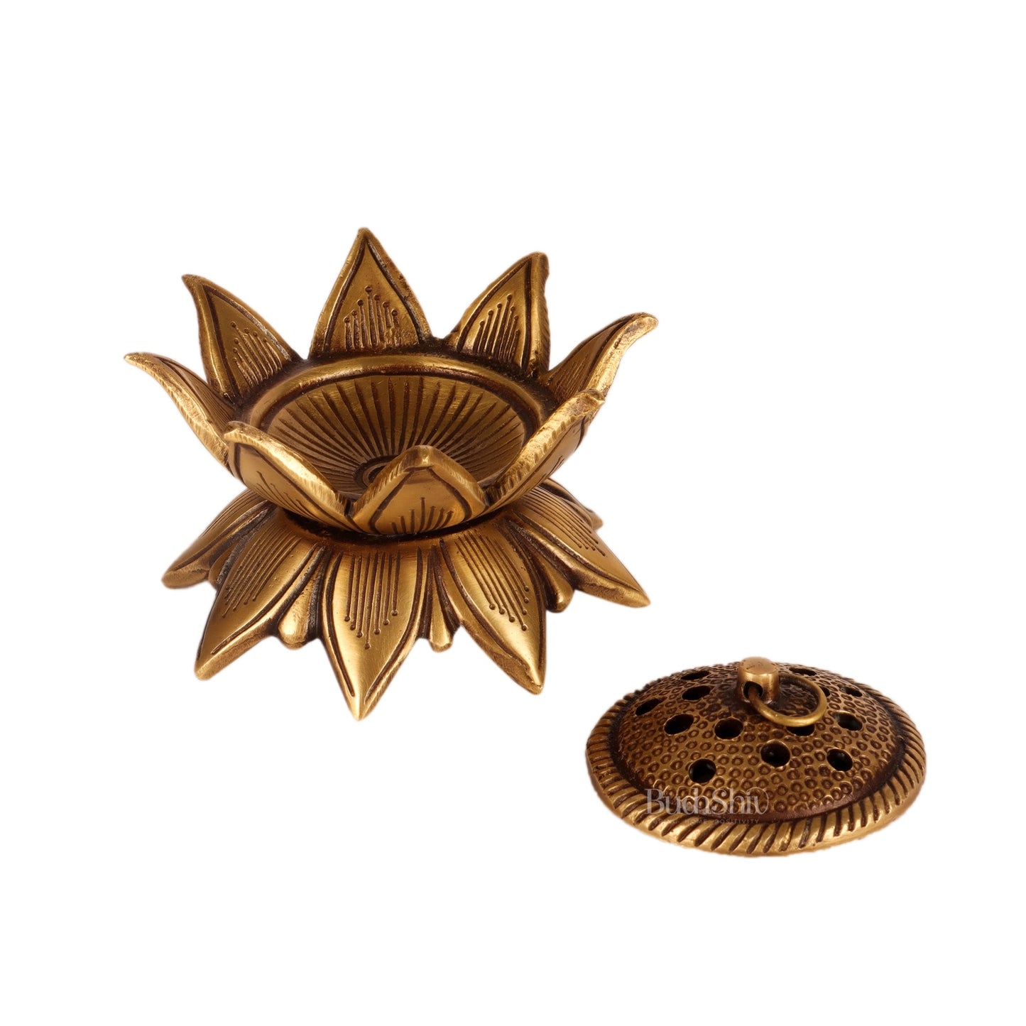 Brass Handmade Lotus Design Lobaandaani | Dhoop Burner and Incense Charcoal Burner with Lid 4" - Budhshiv.com