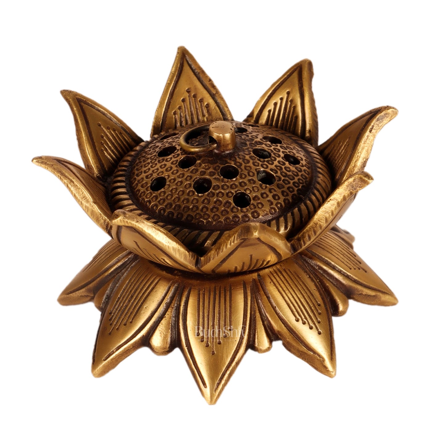 Brass Handmade Lotus Design Lobaandaani | Dhoop Burner and Incense Charcoal Burner with Lid 4" - Budhshiv.com