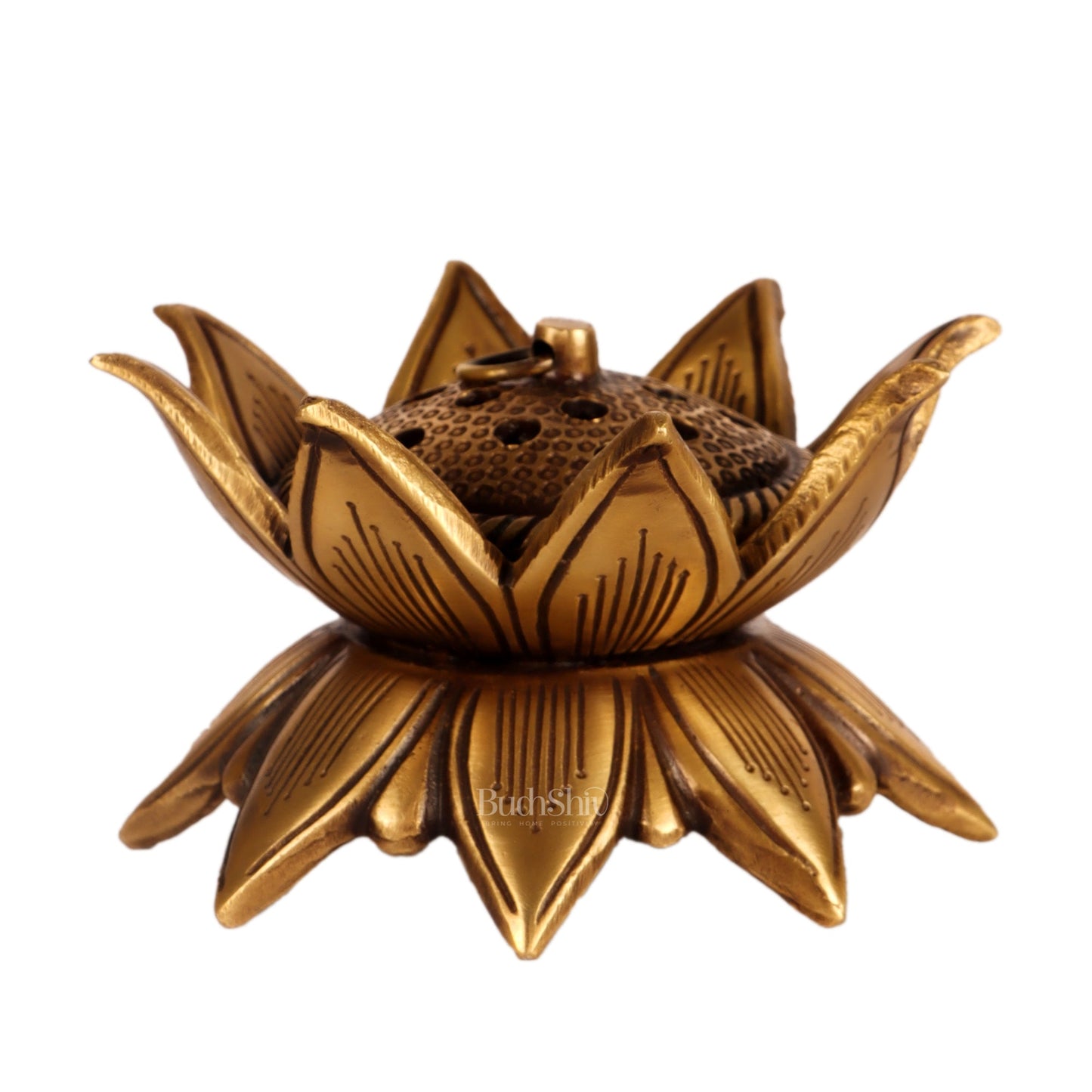 Brass Handmade Lotus Design Lobaandaani | Dhoop Burner and Incense Charcoal Burner with Lid 4" - Budhshiv.com