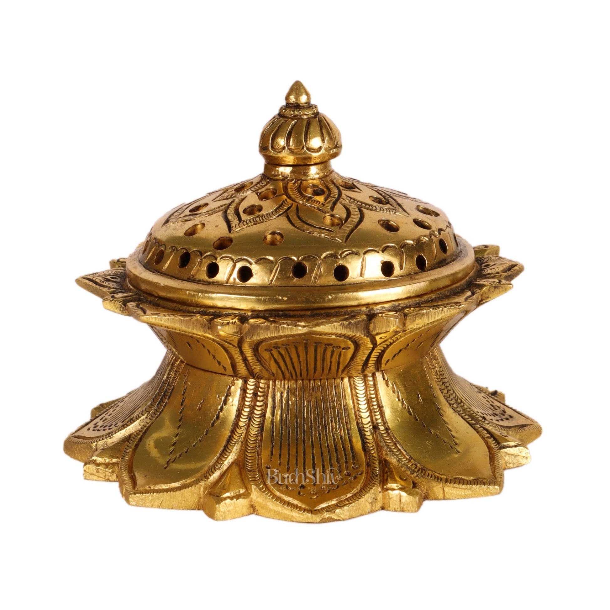 Brass Handmade Lotus Design Lobaandaani | Dhoop Burner and Incense Charcoal Burner with Lid | - Budhshiv.com