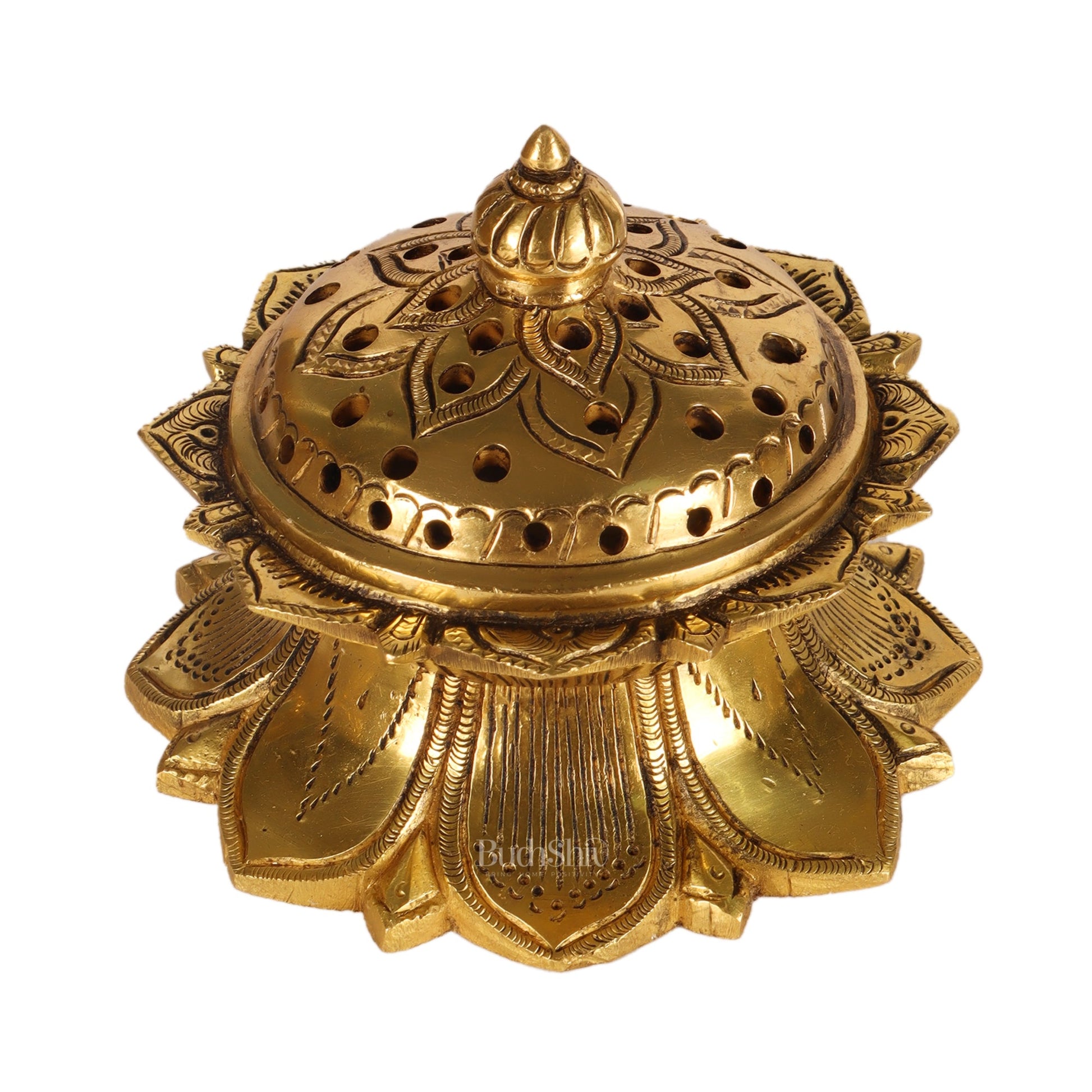 Brass Dhoop Burner and Incense Charcoal Burner with Lid | Height 3.5 inches, Width 4 inches, Depth 4 inches - Budhshiv.com