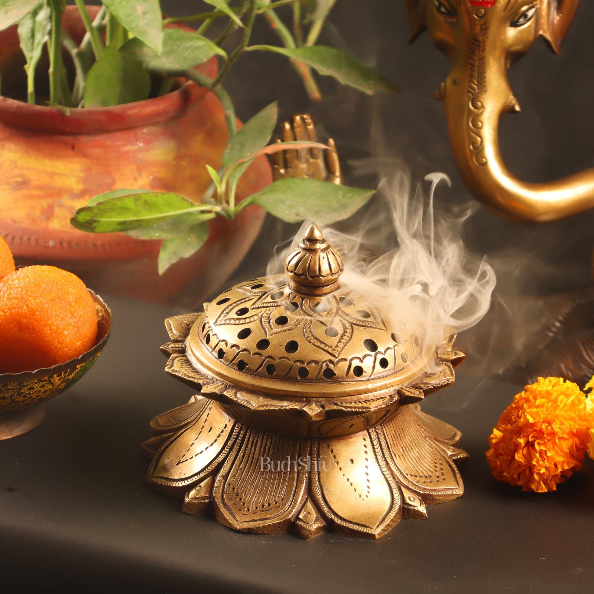 Brass Handmade Lotus Design Lobaandaani | Dhoop Burner Budhshiv.com