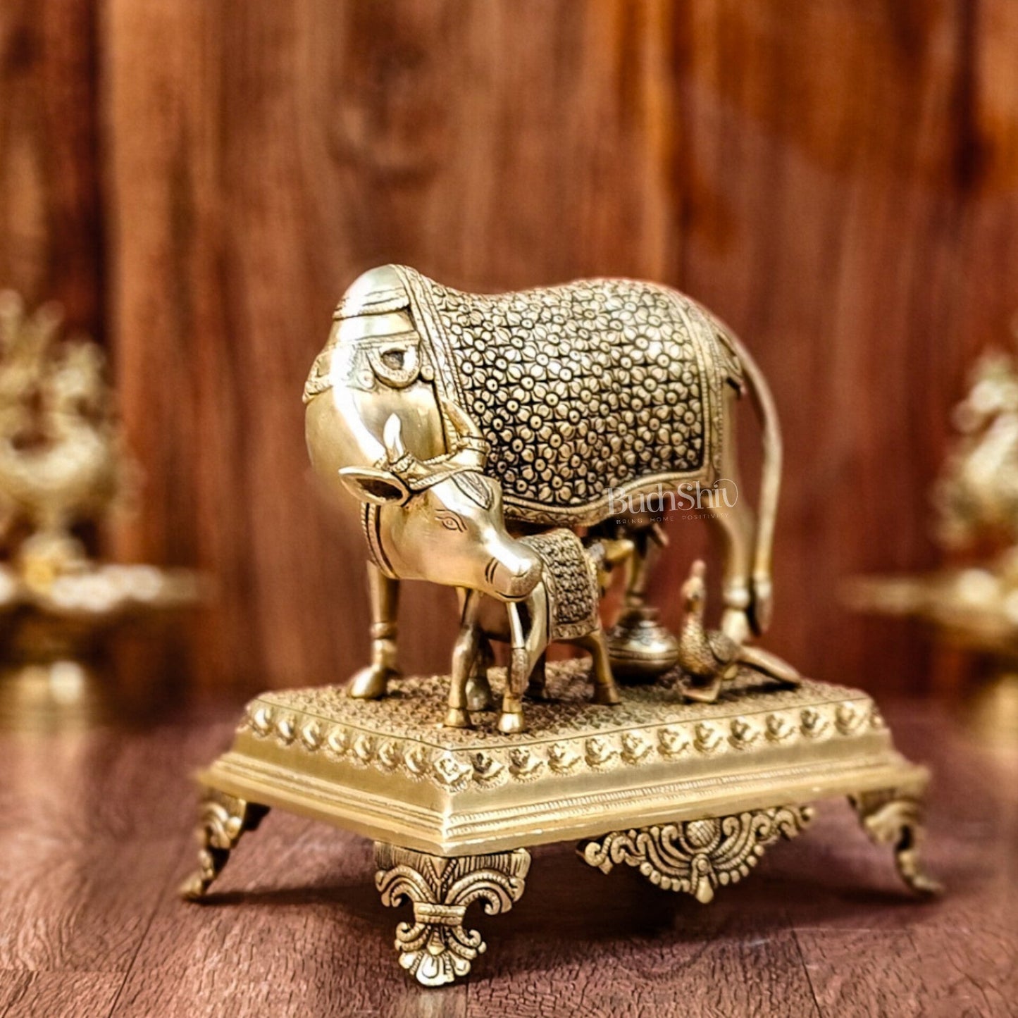 Brass Kaamdhenu cow and calf idol| 10" - Budhshiv.com