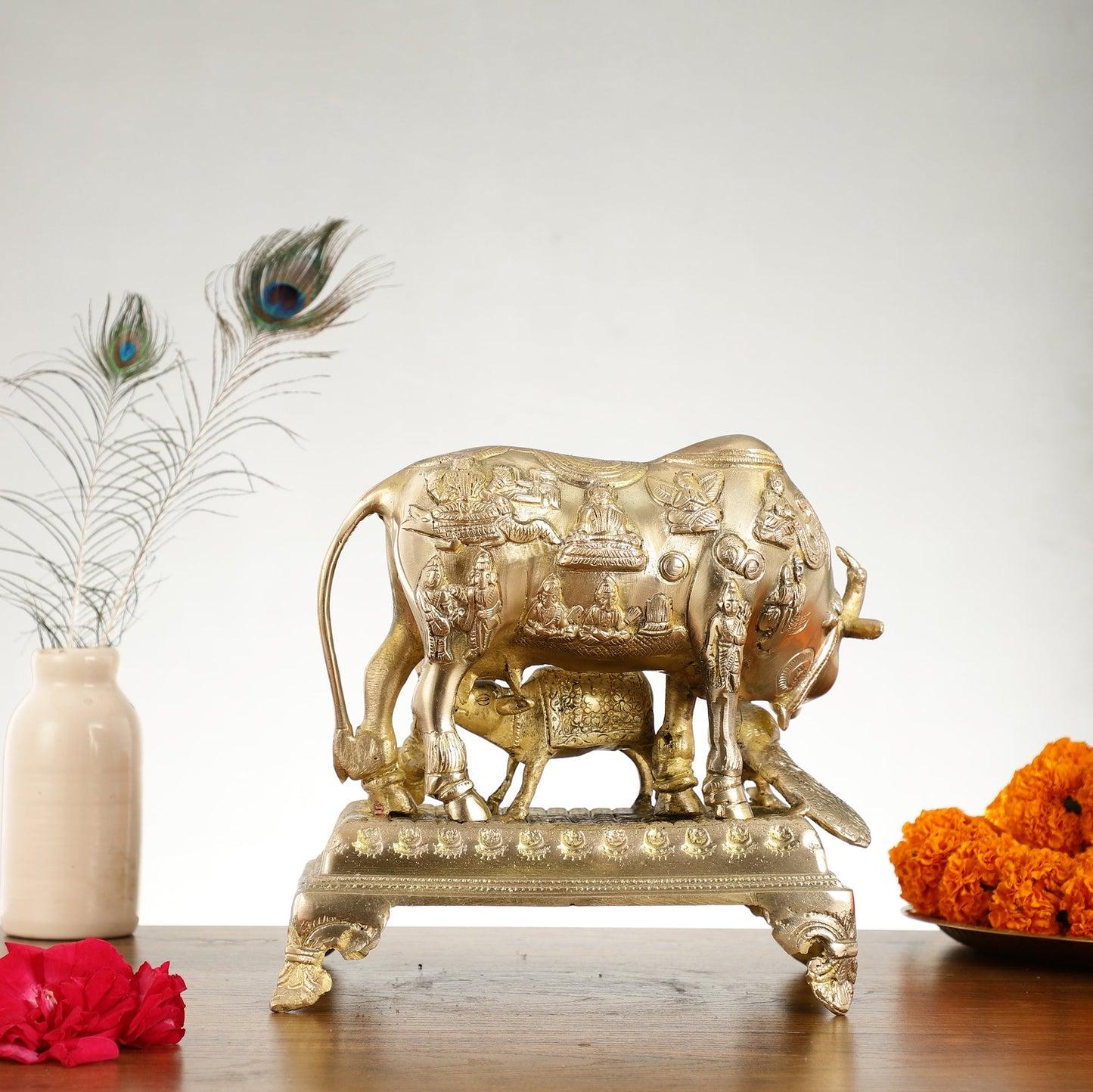 Brass Kaamdhenu Cow and calf statue 10 inch - Budhshiv.com