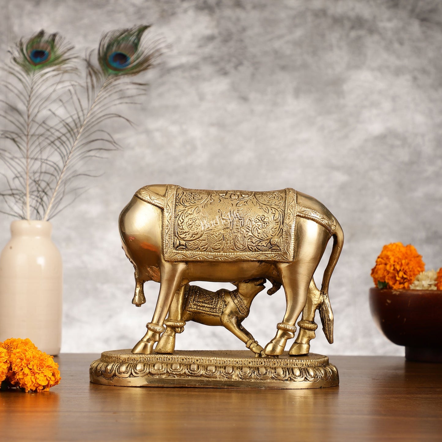 Brass Kamadhenu Cow with Calf Idol - 8 Inch - Budhshiv.com
