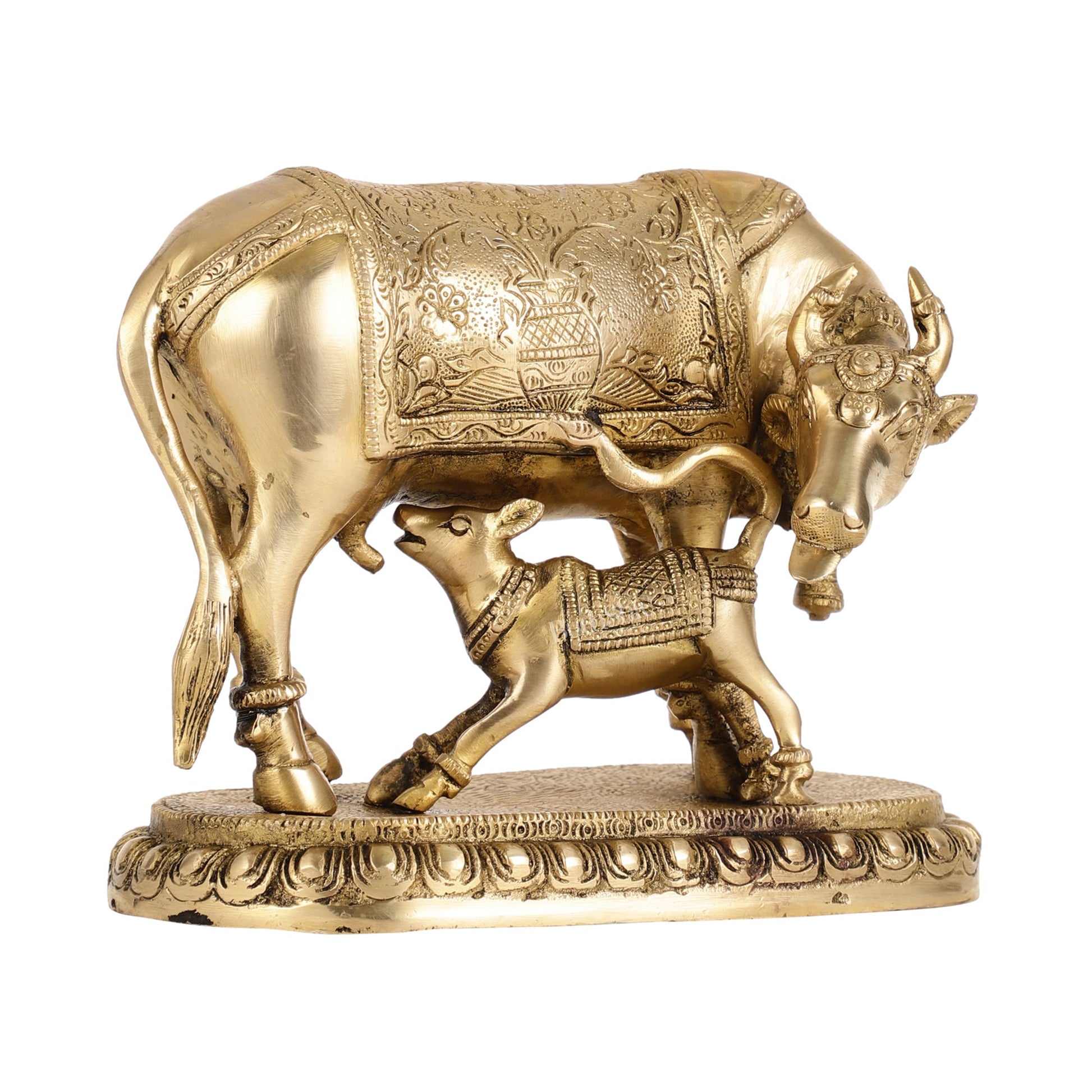 Brass Kamadhenu Cow with Calf Idol - 8 Inch - Budhshiv.com