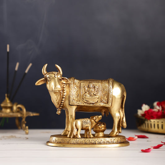 Brass Kamdhenu Cow with Calf Idol - 5 inch - Budhshiv.com