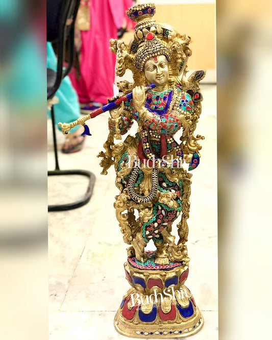 Brass Krishna Statue 29 inches | Studded with natural stones | Handcrafted in India - Budhshiv.com