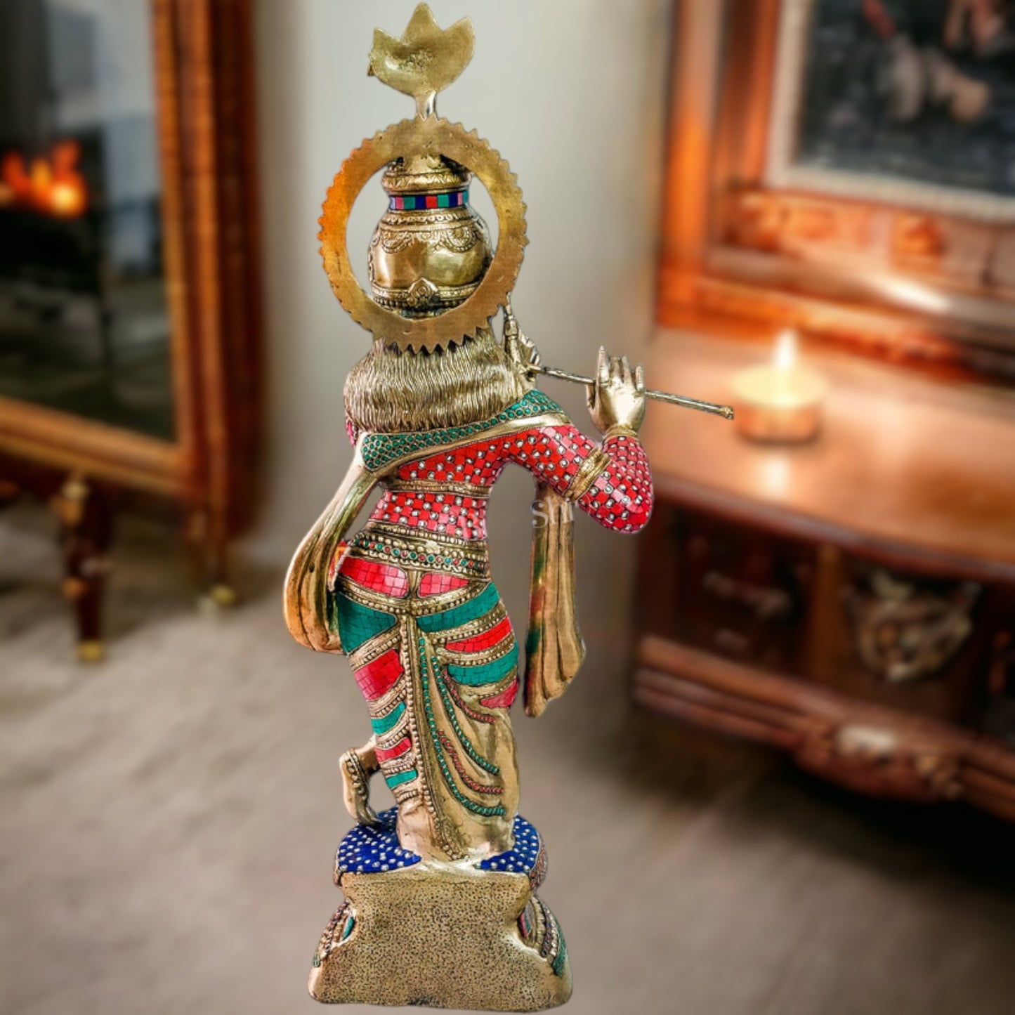 Brass Krishna Statue 3 feet with stonework - Budhshiv.com