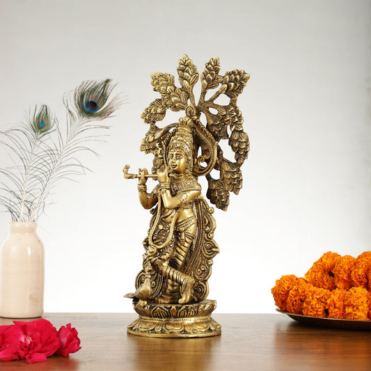 Brass Krishna Statue with Kalpavriksha - 15 Inch - Budhshiv.com