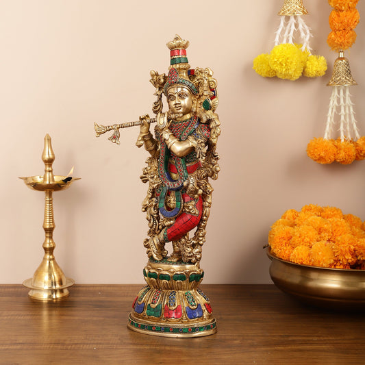 Brass Krishna studded with stones 21 " - Budhshiv.com
