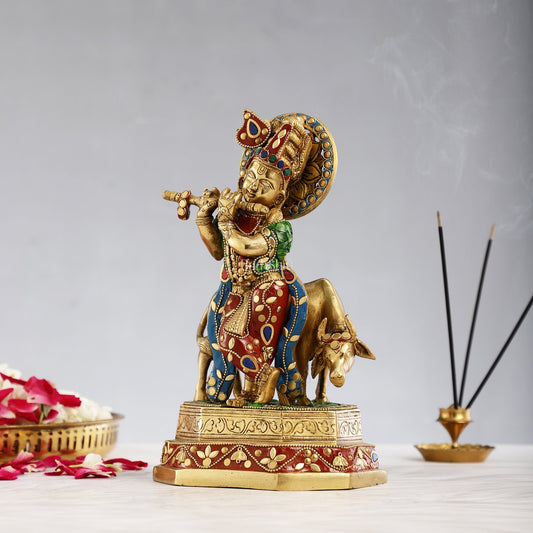 Brass krishna with cow idol 10 inch with stonework - Budhshiv.com