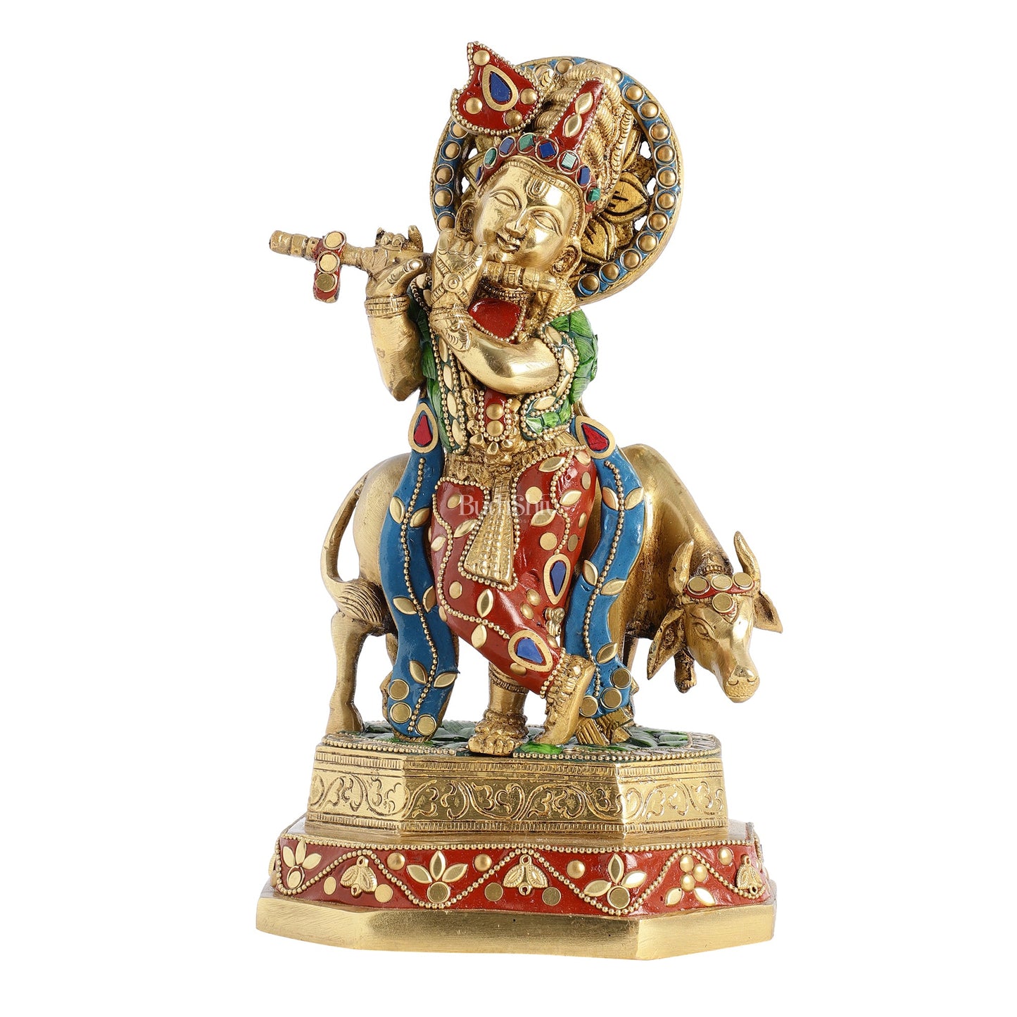 Brass krishna with cow idol 10 inch with stonework - Budhshiv.com