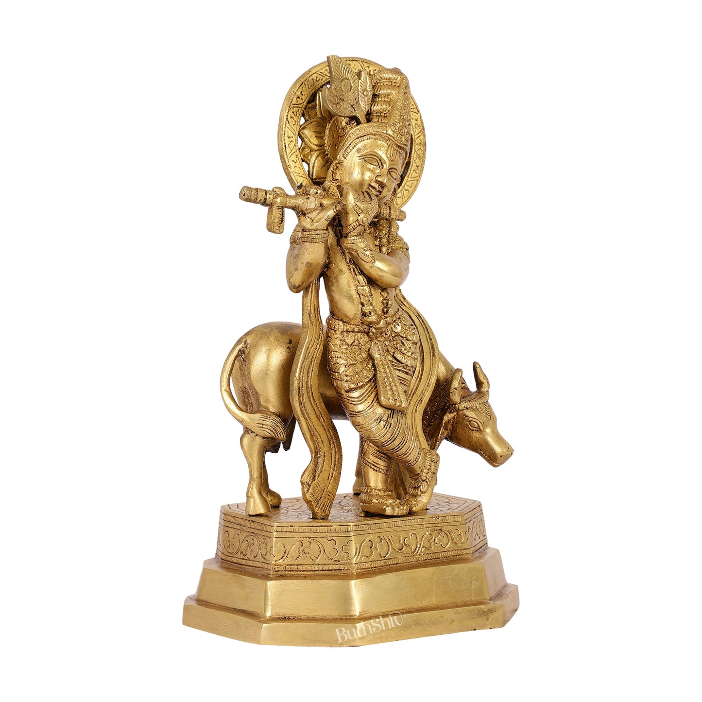 Brass Krishna with cow idol 10 inch - Budhshiv.com