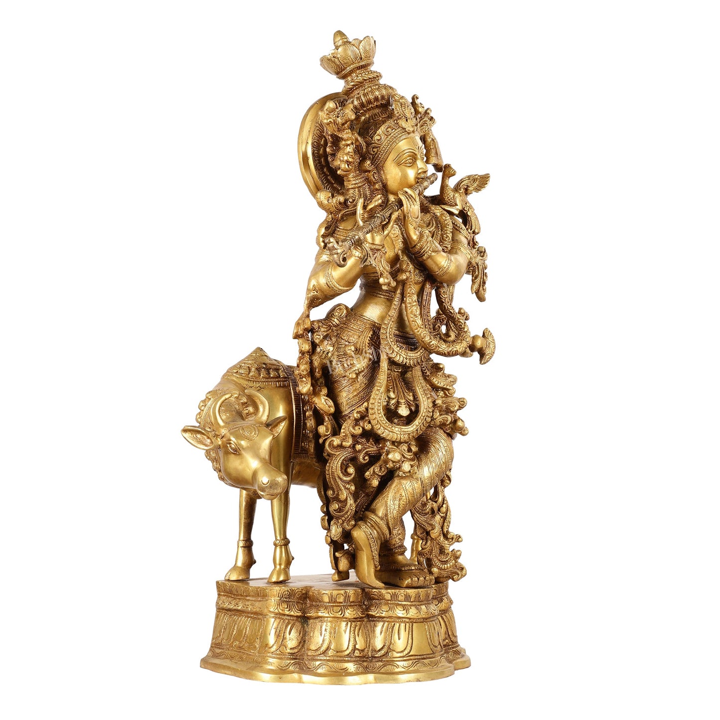 Brass Krishna with cow idol 26" - Budhshiv.com