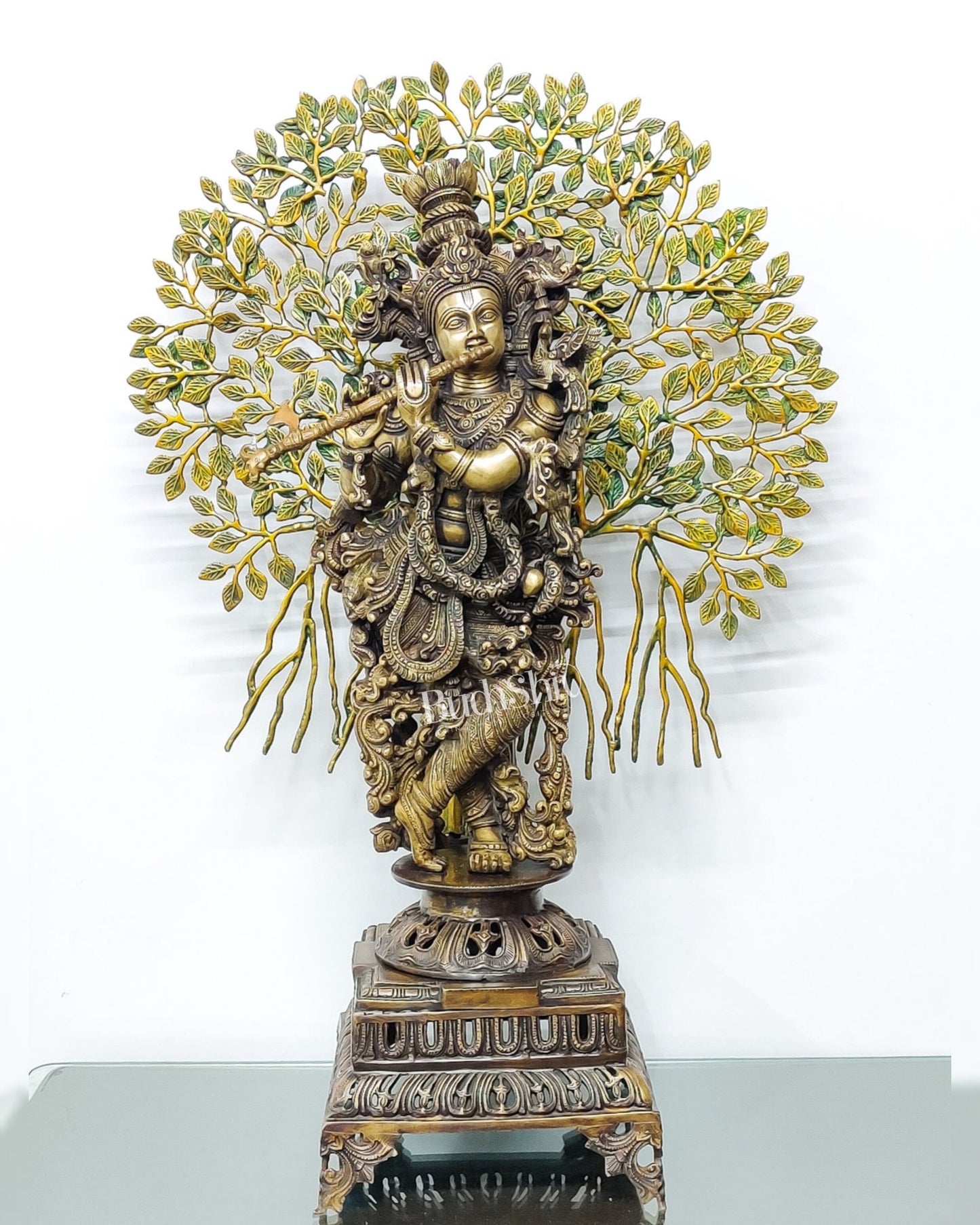 Brass Krishna with Kalpavriksha Superfine Brass Idol 36 inch - Budhshiv.com