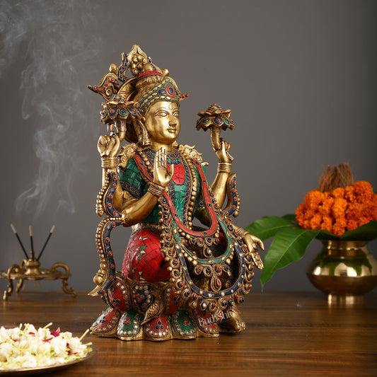 Brass Lakshmi Idol with Stonework 16 inch - Budhshiv.com