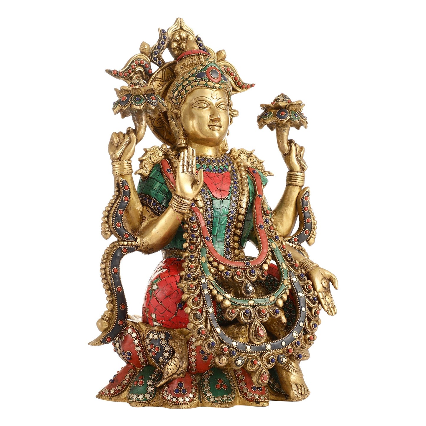 Brass Lakshmi Idol with Stonework 16 inch - Budhshiv.com