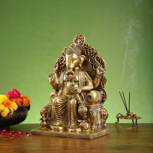 Brass Lalbaug Ka Raja Ganapati Statue - 17x11x7 Inch - Budhshiv.com
