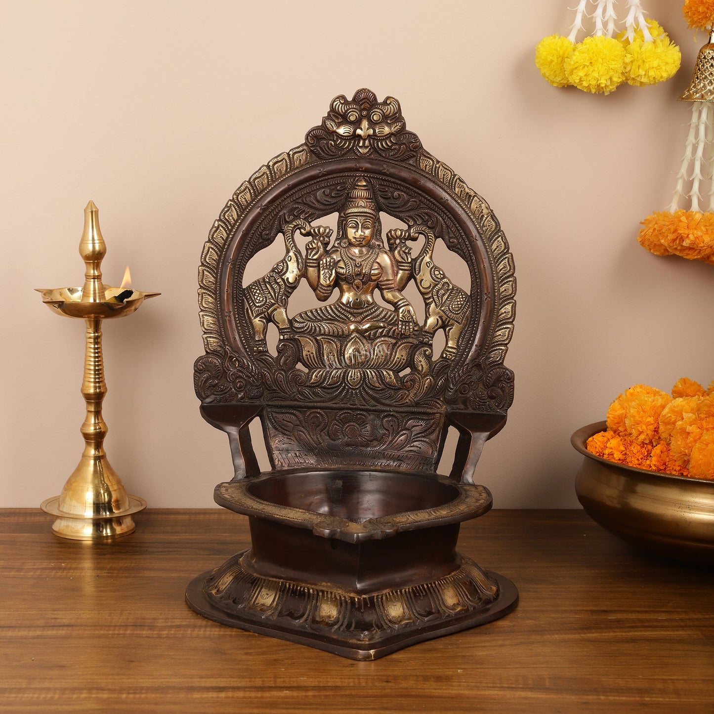 Brass Large-Sized Ganesha and Lakshmi Lamps - 17 Inch - Budhshiv.com
