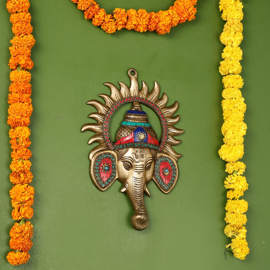 Brass Lord Ganesha Face Wall Hanging with Stonework - 11x7.5 inch - Budhshiv.com