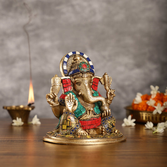 Brass Lord Ganesha Idol with Stonework | Height 6.5 inch - Budhshiv.com