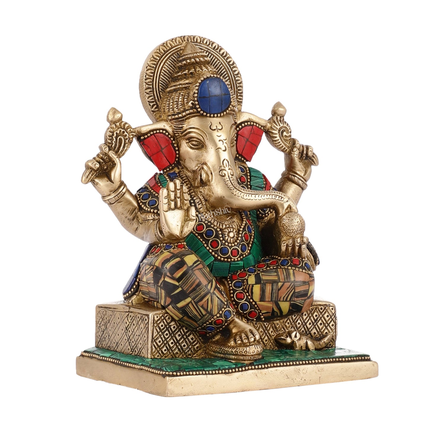 Brass Lord Ganesha Idol with Stonework | Height 7.5 inch - Budhshiv.com