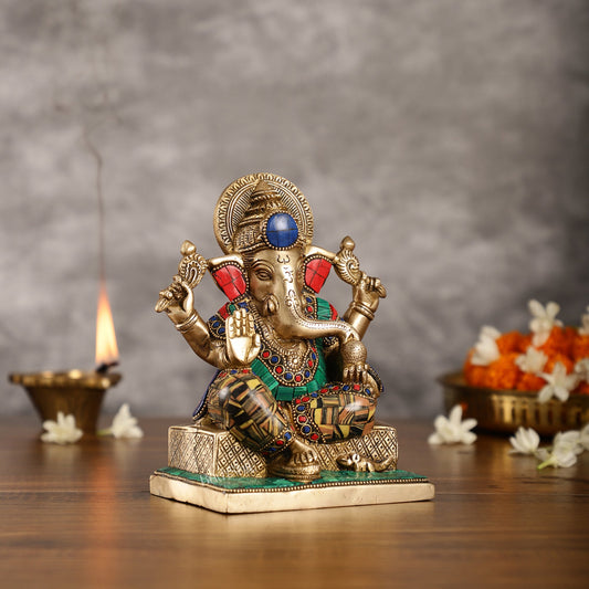 Brass Lord Ganesha Idol with Stonework | Height 7.5 inch - Budhshiv.com