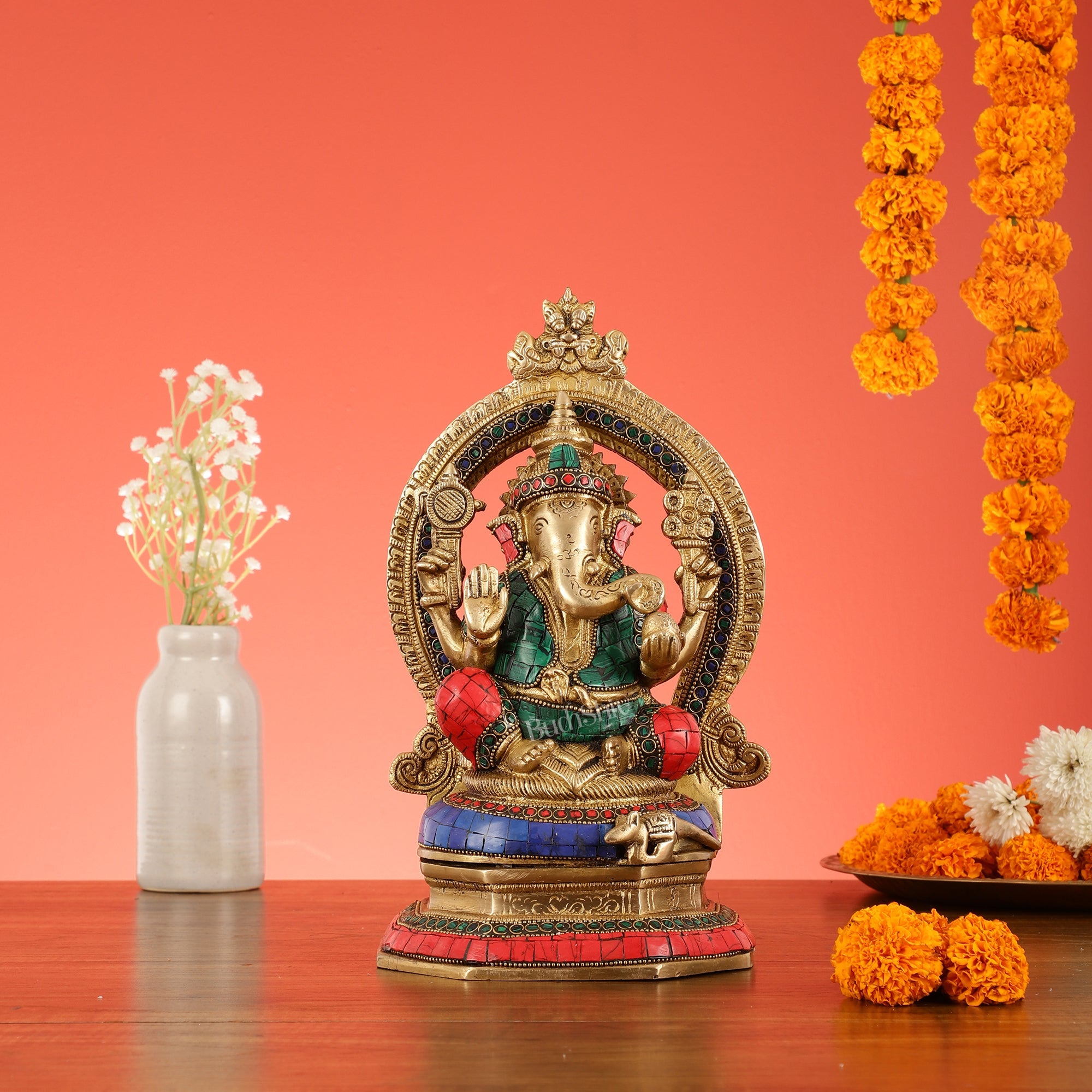 Brass Lord Ganesha Murti With Stonework Idol - 11.5 Inch – Budhshiv.com