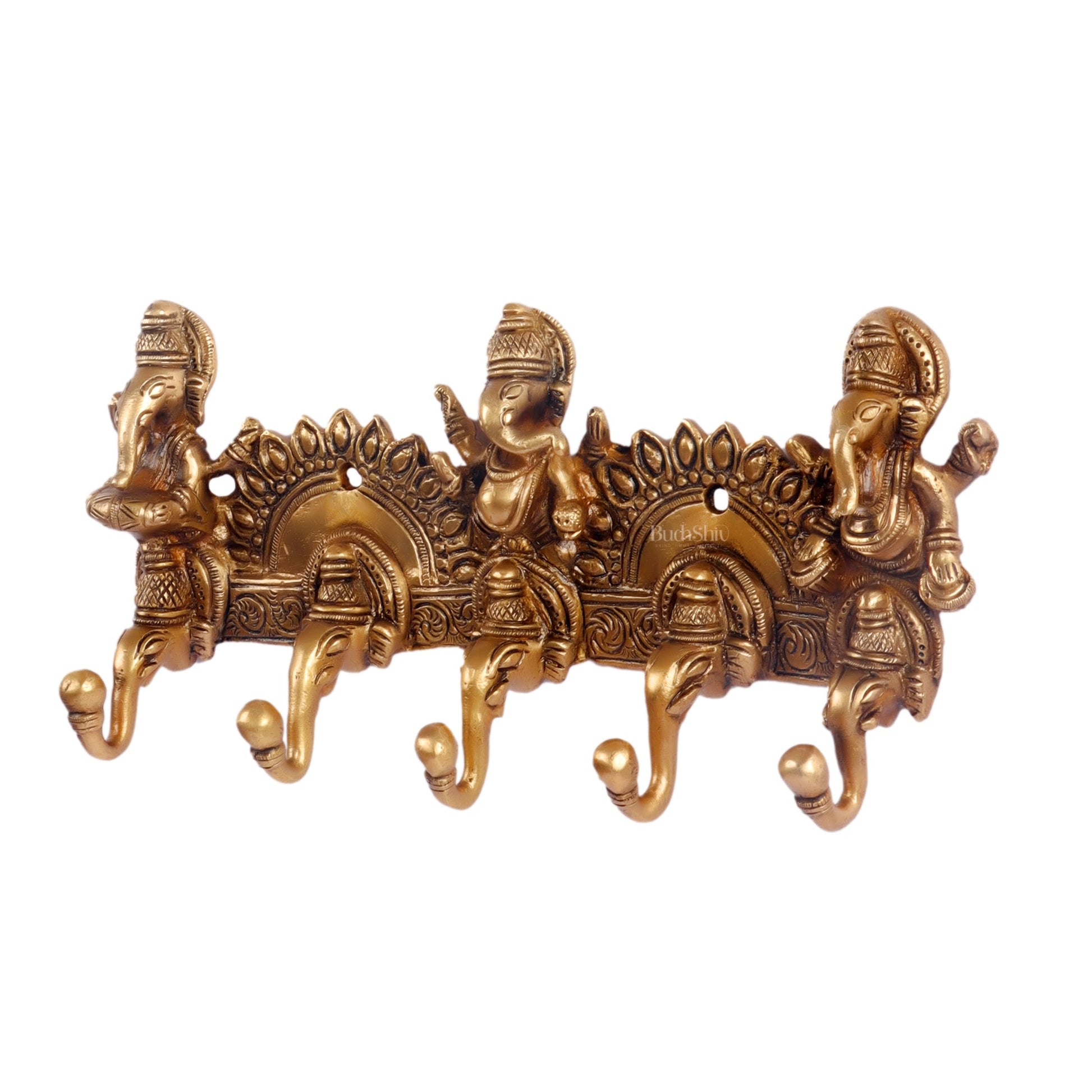 Brass Lord Ganesha Musicians Key Holder with Five Hooks 10" - Budhshiv.com