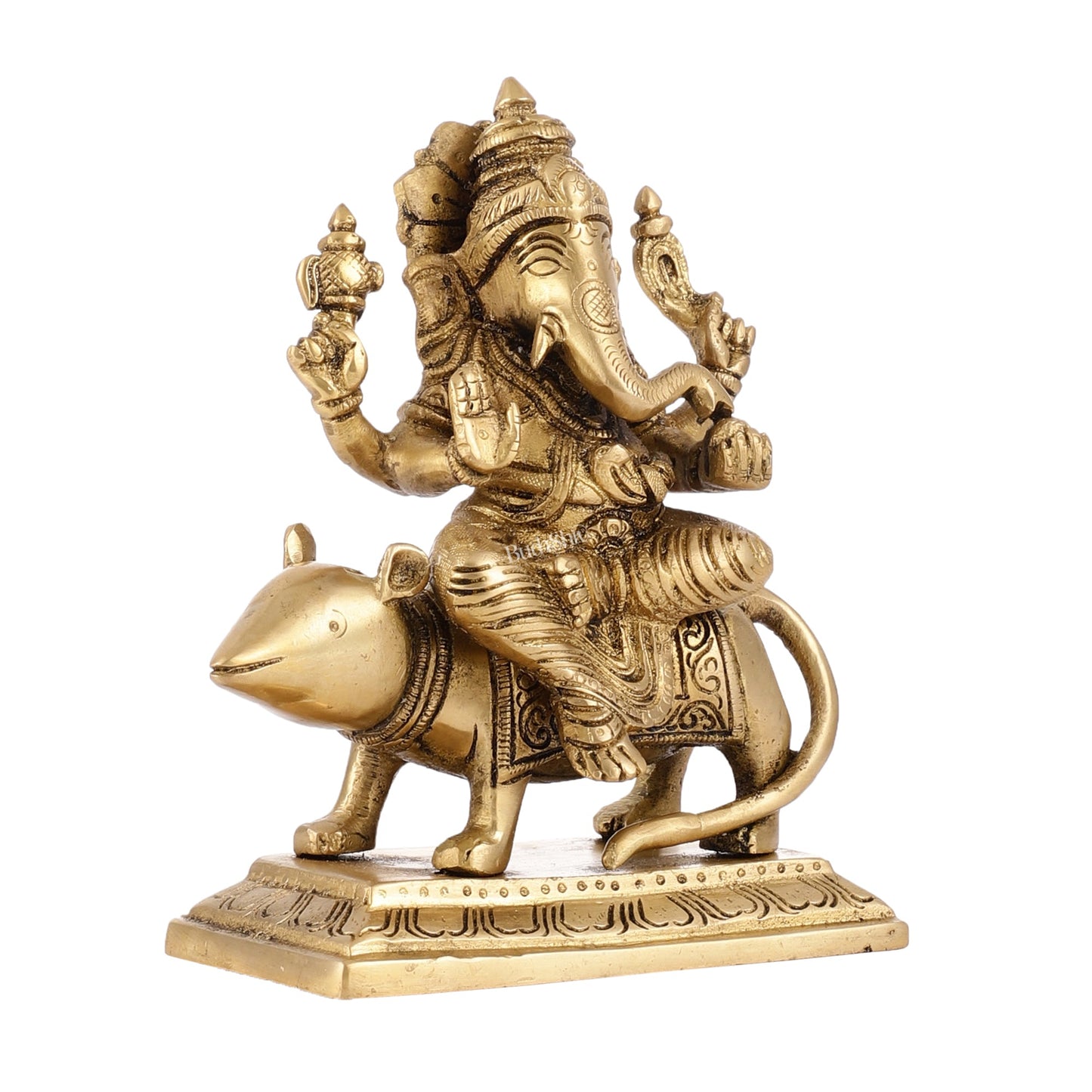 Brass Lord Ganesha Seated on a Mouse Idol | Height 7 inch - Budhshiv.com