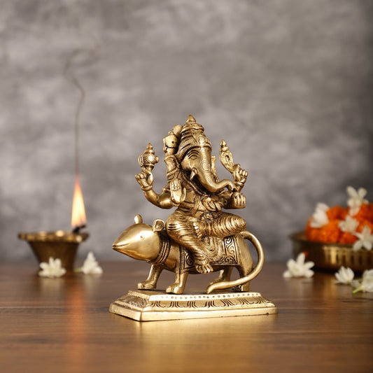 Brass Lord Ganesha Seated on a Mouse Idol | Height 7 inch - Budhshiv.com