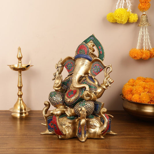 Brass Lord Ganesha Statue on Elephant Heads - 17 Inch - Budhshiv.com