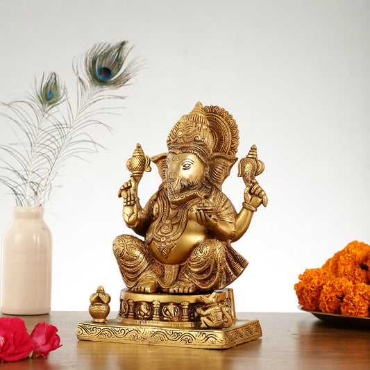 Brass Lord Ganesha Statue with Ashtavinayaka - 10 Inch - Budhshiv.com