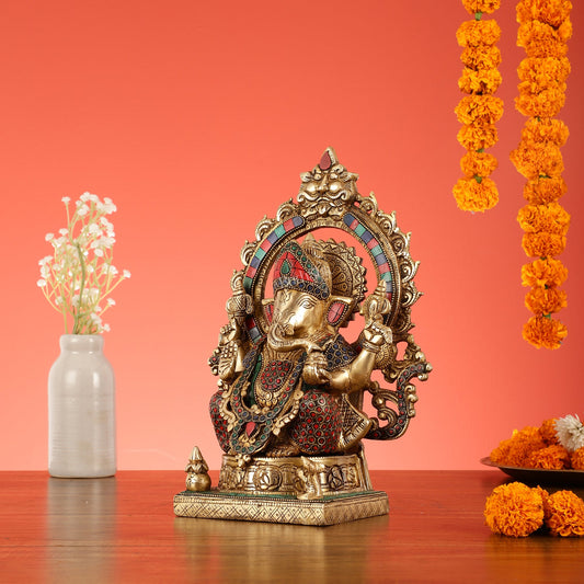 Brass Lord Ganesha Statue with Frame and Ashtavinayaka Carvings - 12 Inch - Budhshiv.com