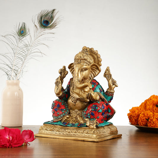 Brass Lord Ganesha Statue with Stonework - 10.5 Inch - Budhshiv.com