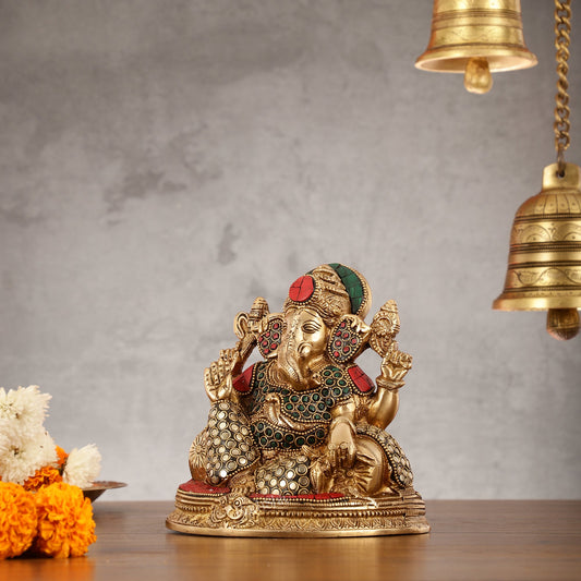 Brass Lord Ganesha Statue with Stonework - 6.5 Inch - Budhshiv.com