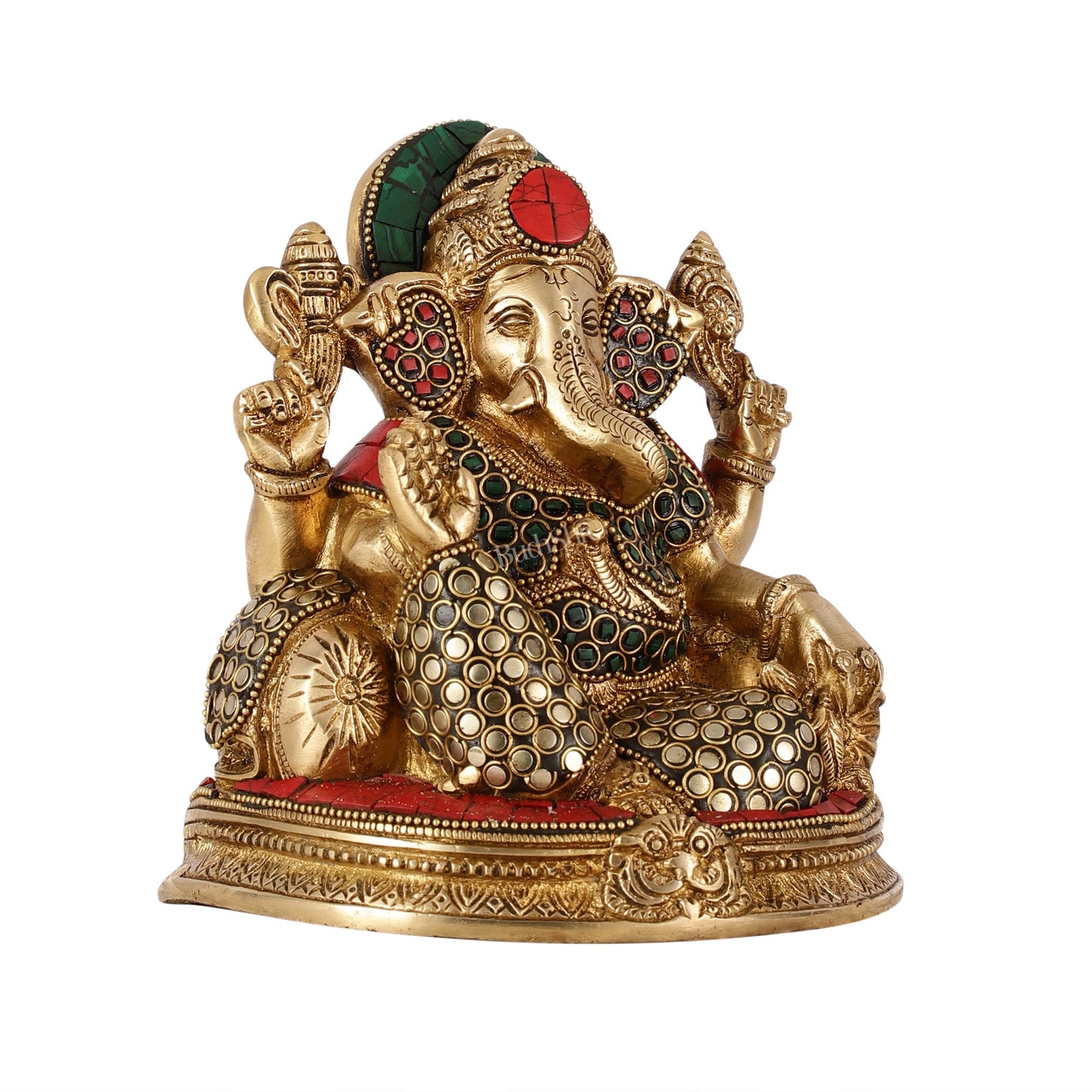 Brass Lord Ganesha Statue with Stonework - 6.5 Inch - Budhshiv.com