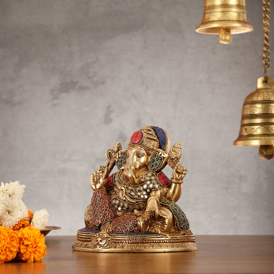 Brass Lord Ganesha Statue with Stonework - 6.5 Inch - Budhshiv.com