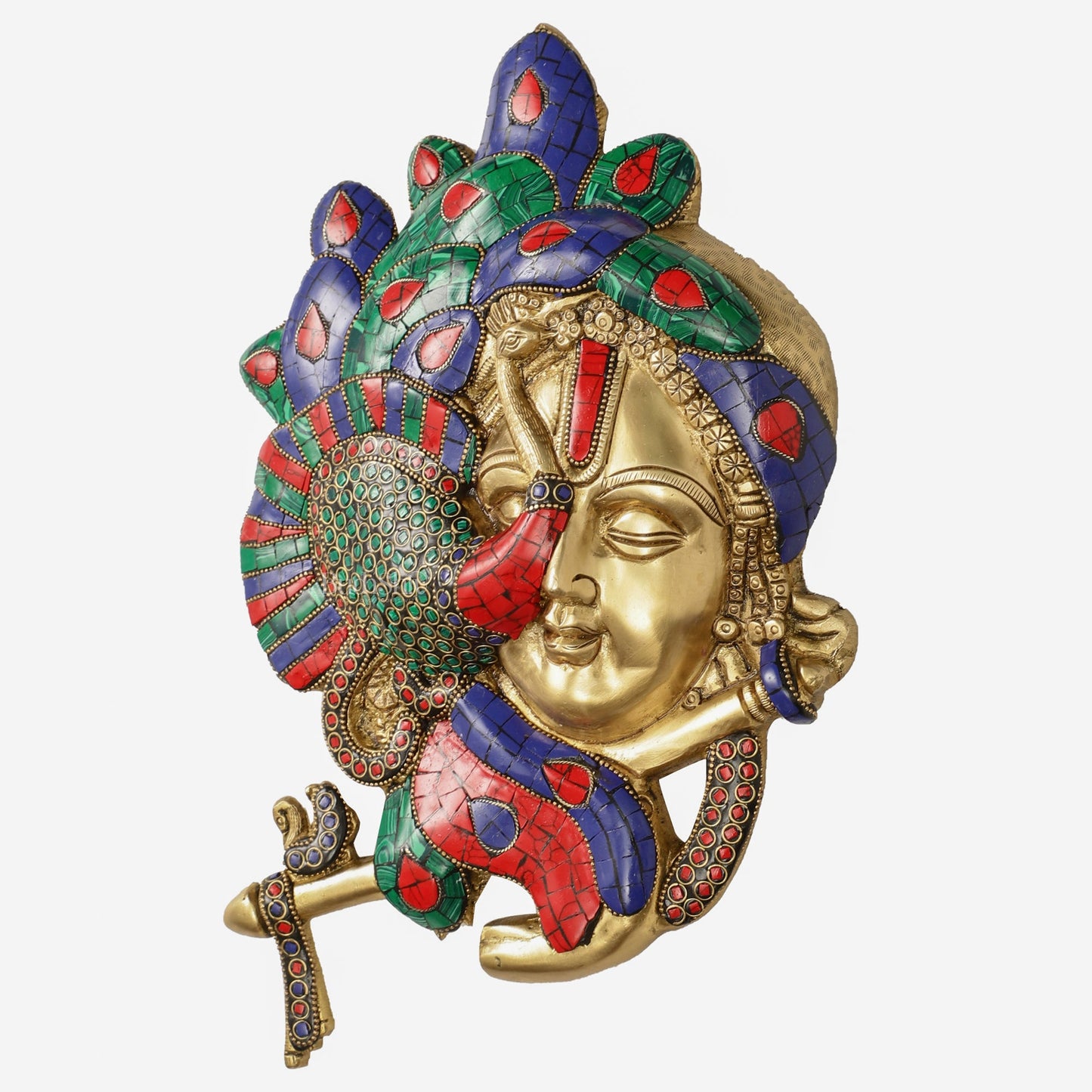 Brass Lord Krishna Face Wall Hanging with Peacock Design - 12.5 x 9 inch - Budhshiv.com