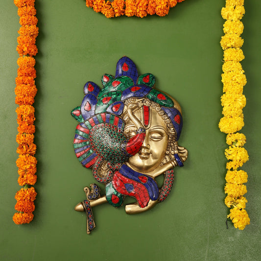 Brass Lord Krishna Face Wall Hanging with Peacock Design - 12.5 x 9 inch - Budhshiv.com