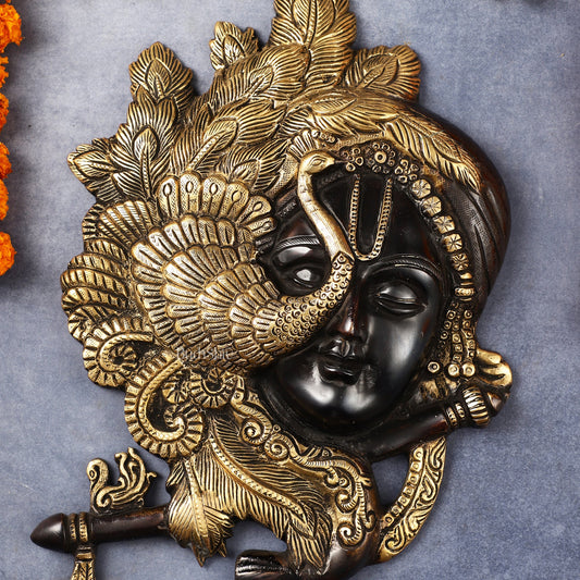 Brass Lord Krishna Face Wall Hanging with Peacock Design - 12.5 x 9 inch - Budhshiv.com