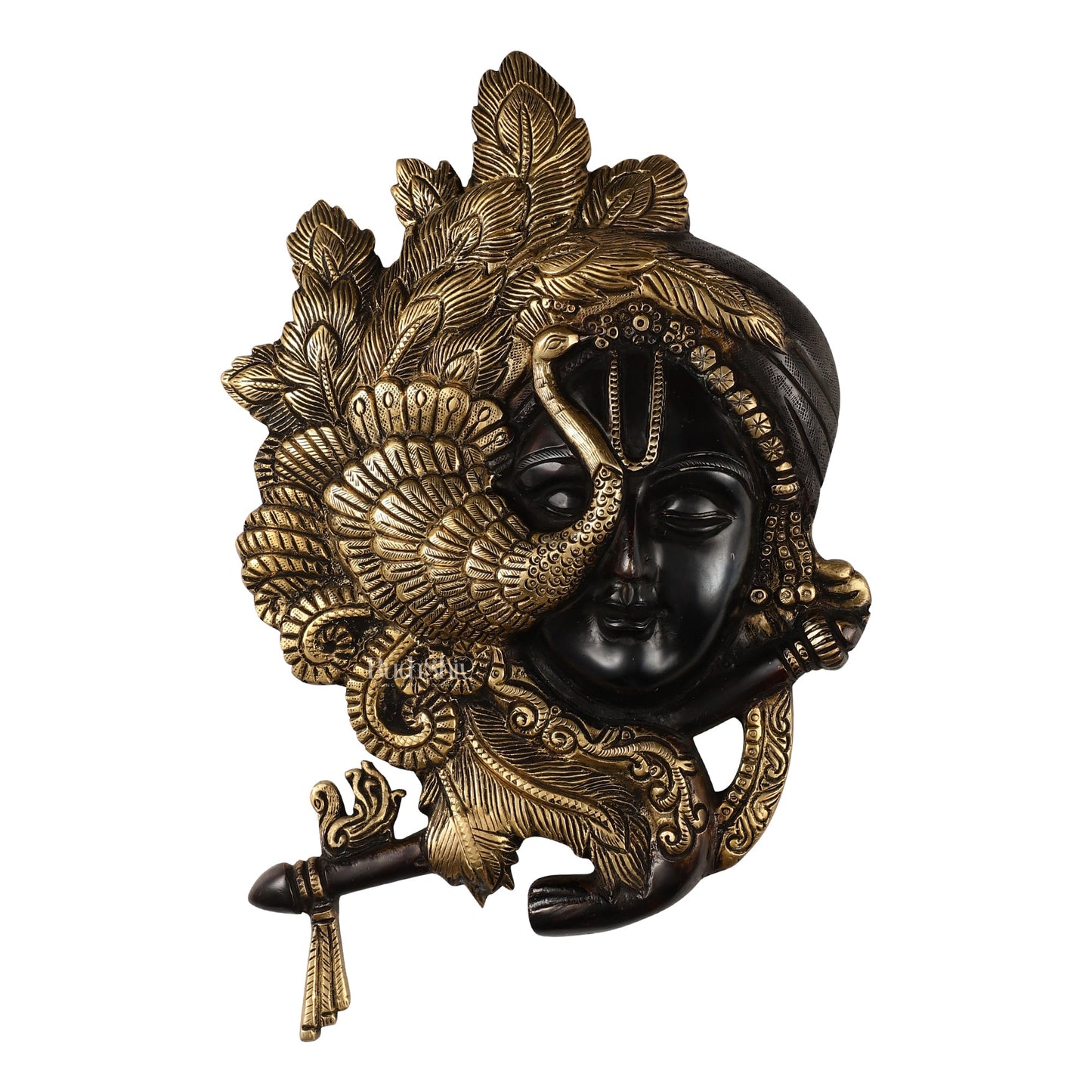 Brass Lord Krishna Face Wall Hanging with Peacock Design - 12.5 x 9 inch - Budhshiv.com