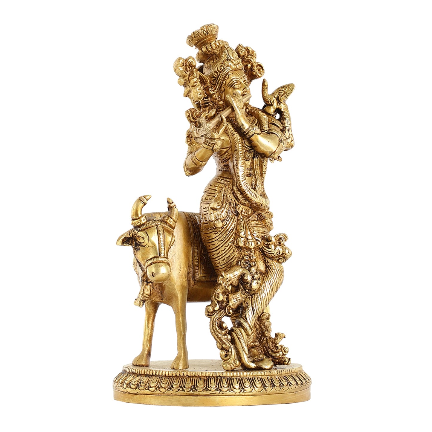 Brass Lord Krishna with Cow Idol - 9.5 Inch - Budhshiv.com
