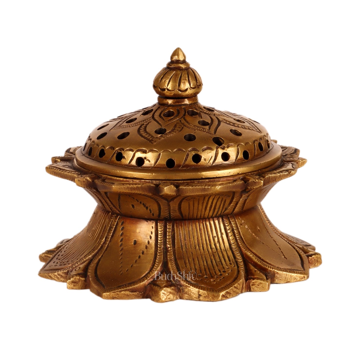 Brass Lotus Dhoop daani/ loban burner 4" antique tone - Budhshiv.com