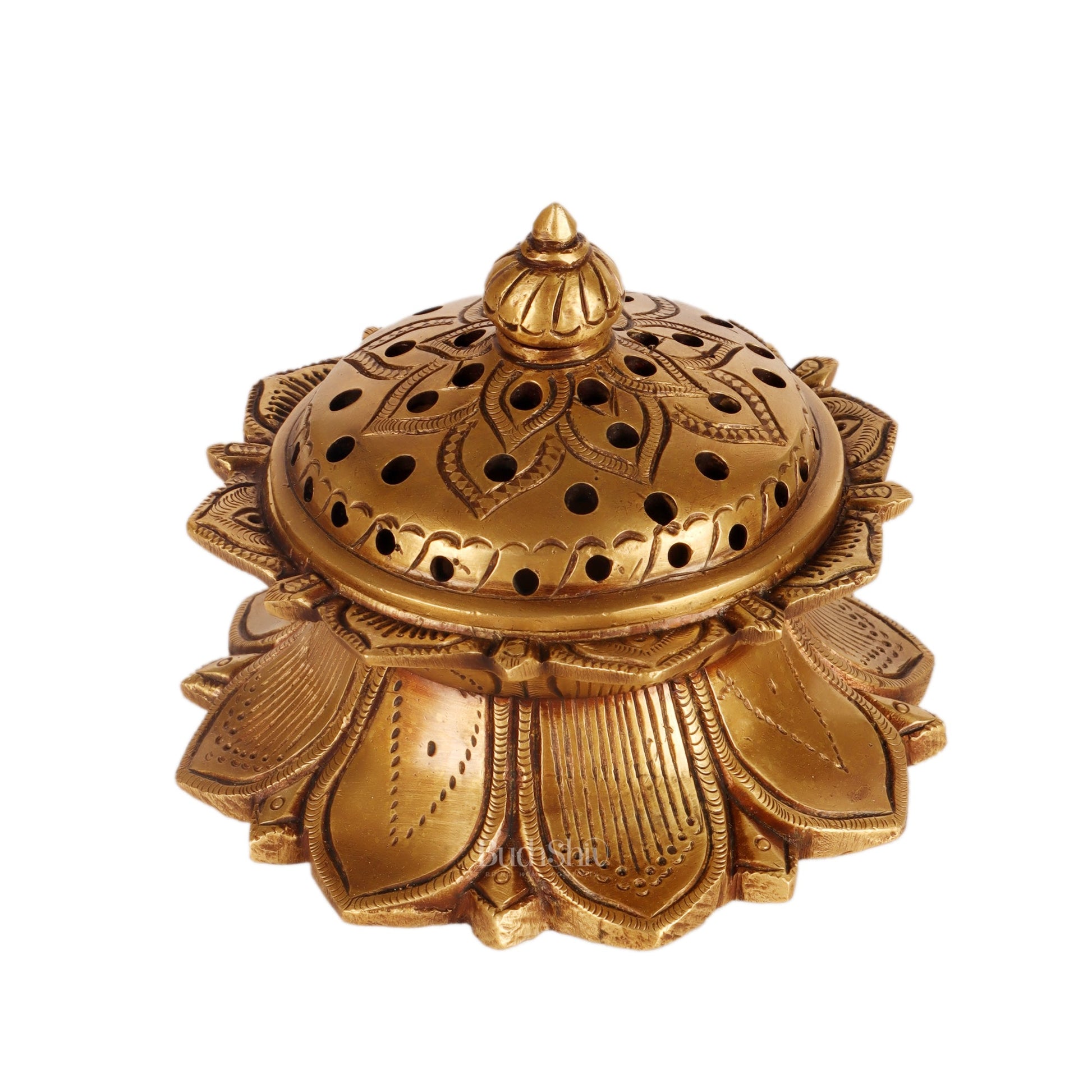 Brass Lotus Dhoop daani/ loban burner 4" antique tone - Budhshiv.com
